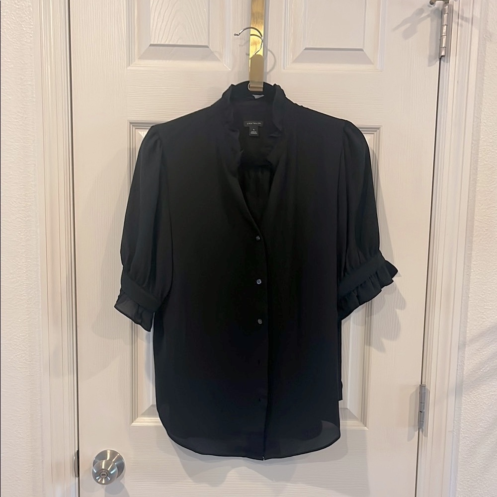 Ann Taylor Short Sleeve  Black Blouse with Ruffle Trim